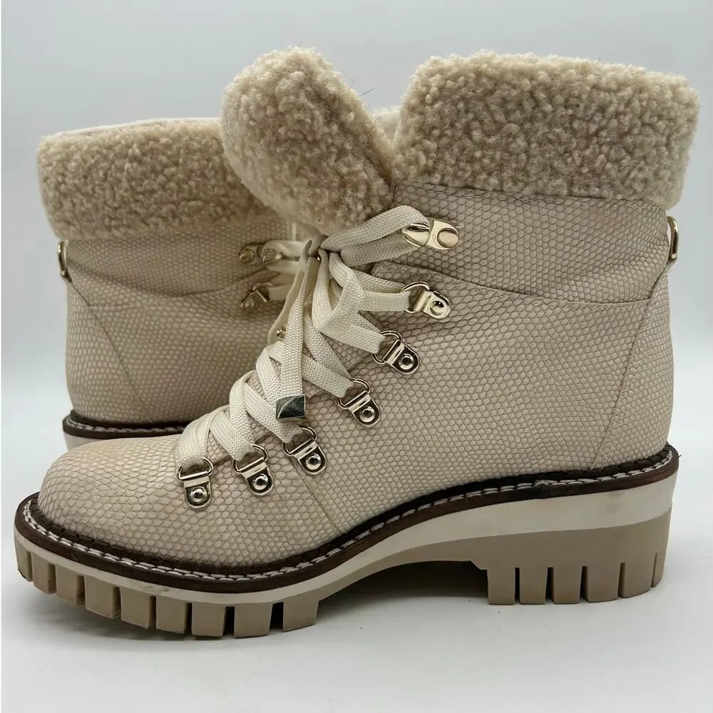 JLO Cream Faux Fur Snake Embossed Lace Up Hiker Boots SIZE 6 Winter Snow Outdoor